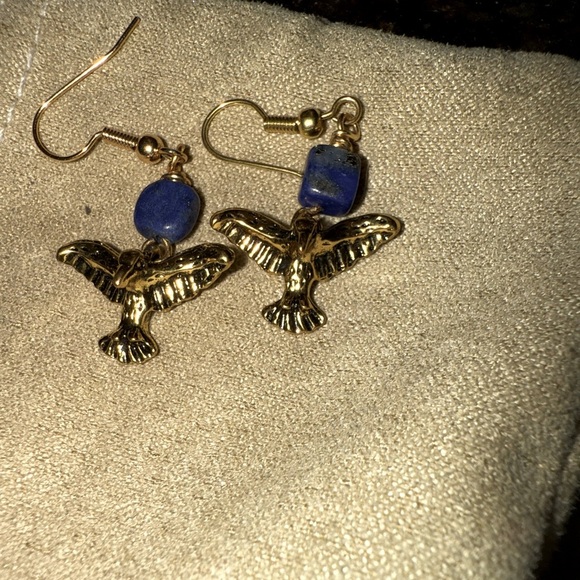 Lapis gold tone bird 2” drop earrings - Picture 1 of 3